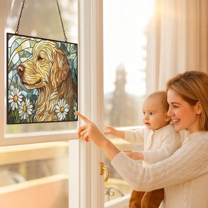 Personalized Rectangle Art Nouveau Golden Retriever Garden Stained Glass Window Hanging, Stained Glass Window Decor Suncatcher for Women, Home Décor