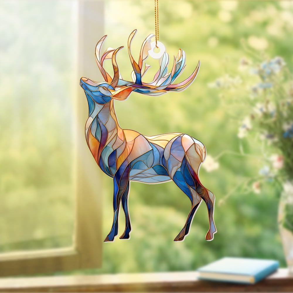 Stained Glass Deer Christmas Ornament 2025 – Reindeer Tree Decoration, Acrylic Suncatcher Window Hanging, Holiday Home Décor & Gift for Wildlife Lovers(Sun-06)