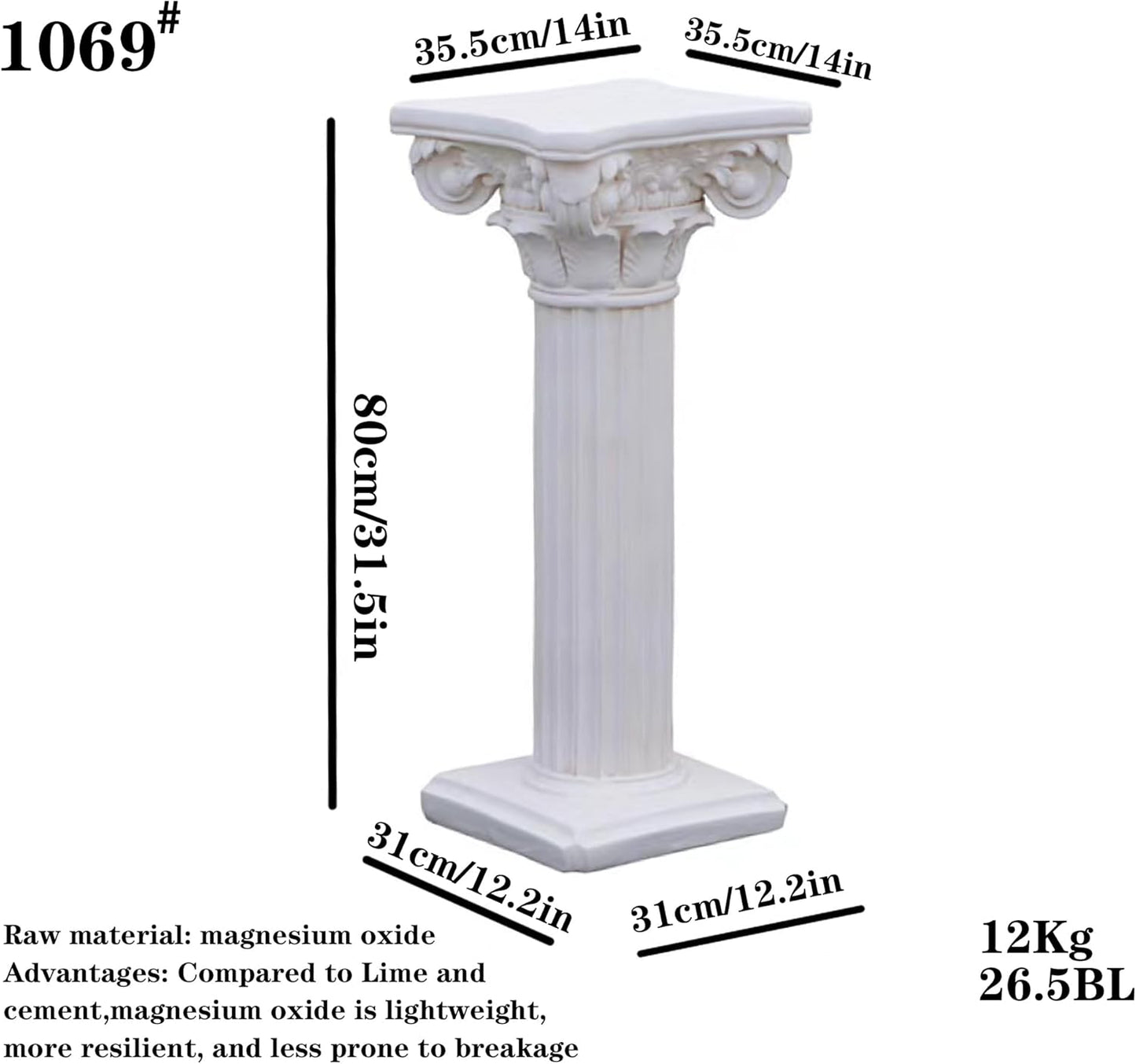Decorative Roman Column Pedestal,MGO Cement with Fiber, Classical Garden Pillar, Indoor Outdoor Decor, Wrap Foam Safely Delivered from Local Warehouse (White, 31.5IN)