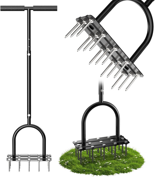 Lawn Aerator Spike Tool - Manual Grass Aerator with 15 Iron Spikes, Pre-Assembled Yard Aerator for Core Aeration, Heavy Duty T-Handle & Wide Foot Plate for Lawn Yard & Garden (Glossy Black)