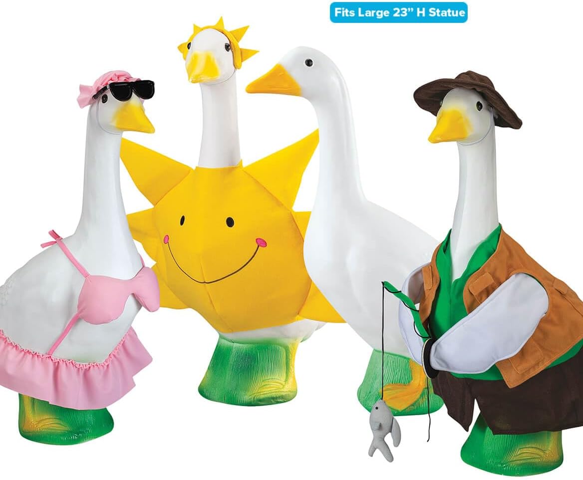 Goose Summer Bundle, Includes One Large 23 inch White Goose and Three Summer Outfits Bundle, Sun, Bikini and Fisherman Goose Outfits Included