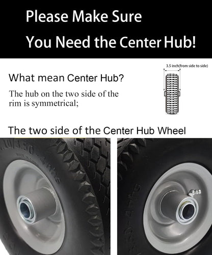 Flat Free 4.10/3.50-4 Tire with 3/4 & 5/8 Axle Bore, 3.5” Center Hub 10 inch Solid Tire Replacement for Hand Truck/Wagon/Garden Cart/Wheelbarrow/Dolly(Set of 2)