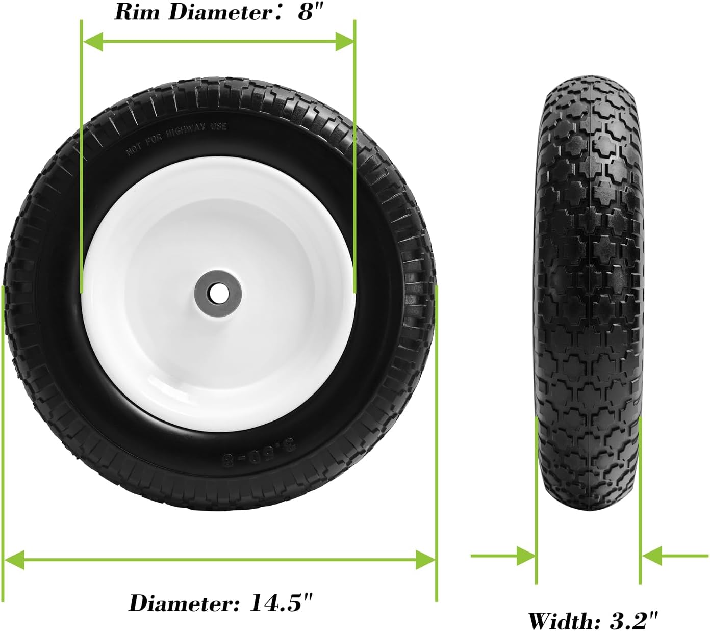 Parts Camp Wheelbarrow Tires,3.50-8" Flat-free Solid Tire and Wheel,Universal Fit 14.5" Wheelbarrow Tire For Garden Carts/Wheelbarrows/Trolley Dolly With 5/8" Axle Bore Hole,3" Centered Hub(2 Pack)