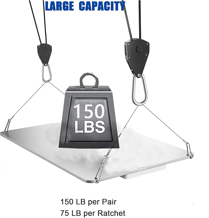 Grow Light Rope Hanger ，1/8" 8-Feet Long Heavy Duty Adjustable Rope Clip Hanger, Adjustable Rope Ratchet Hangers 150 Lbs per Pair (12 Pairs)