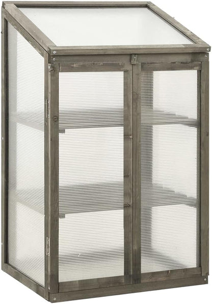Wooden Garden Greenhouse，Wood Raised Plants Bed Raised Flower Planter Box, Garden Wood Cold Frame Greenhouse Flower Planter, Gray 23.6"x17.7"x39.4" Firwood,-681