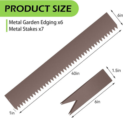 6PCS Rust Steel Landscape Edging Kit, 40" L x 6" H (20ft Total) Galvanized Steel Landscape Lawn Edging Powder for Lawn Yard, Coated Bendable Metal Strips, No-Dig Hammer-in Edging Border w/7Clips