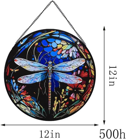 12" Stained Glass Window Hanging Suncatcher,Large Dragonfly Pattern Handmade Stained Glass Painted,Suncatchers for Windows,Hand Dragonfly Suncatcher Window Decorations,Include Metal Chain