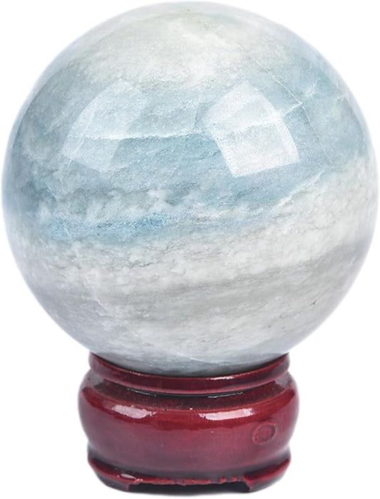 JIC Gem Natural Trolleite Crystal Ball Sphere Blue Healing Crystal Gemstone Ball with Display Stand Home Decor Meditation Grid Energy Balance (50-60mm)