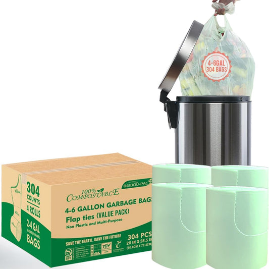 4-6 Gallon Flap Tie Compostable Trash Bags, 304 Count, Compost Bags Kitchen Trash Bags, Sturdy
