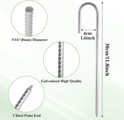 MIVIDE 30 Pack 12inch Galvanized Rebar Stakes J Hook, Heavy Duty J Hook Ground Anchors, Curved Steel Support Garden Stake with Chisel Point end for Fence Stakes, Canopies, Sheds, Swing Sets