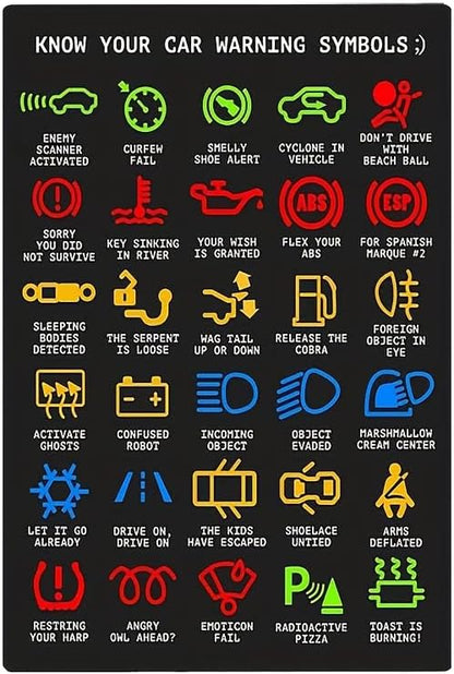 ERMUHEY Funny Sarcastic Mechanics Warning Lights Knowledge Metal Tin Sign, Iron Poster for Garage,Outdoor & Man Cave Decor, Pre-Drilled, Waterproof & Weather-Resistant, 12x8 Inch, Multicolor