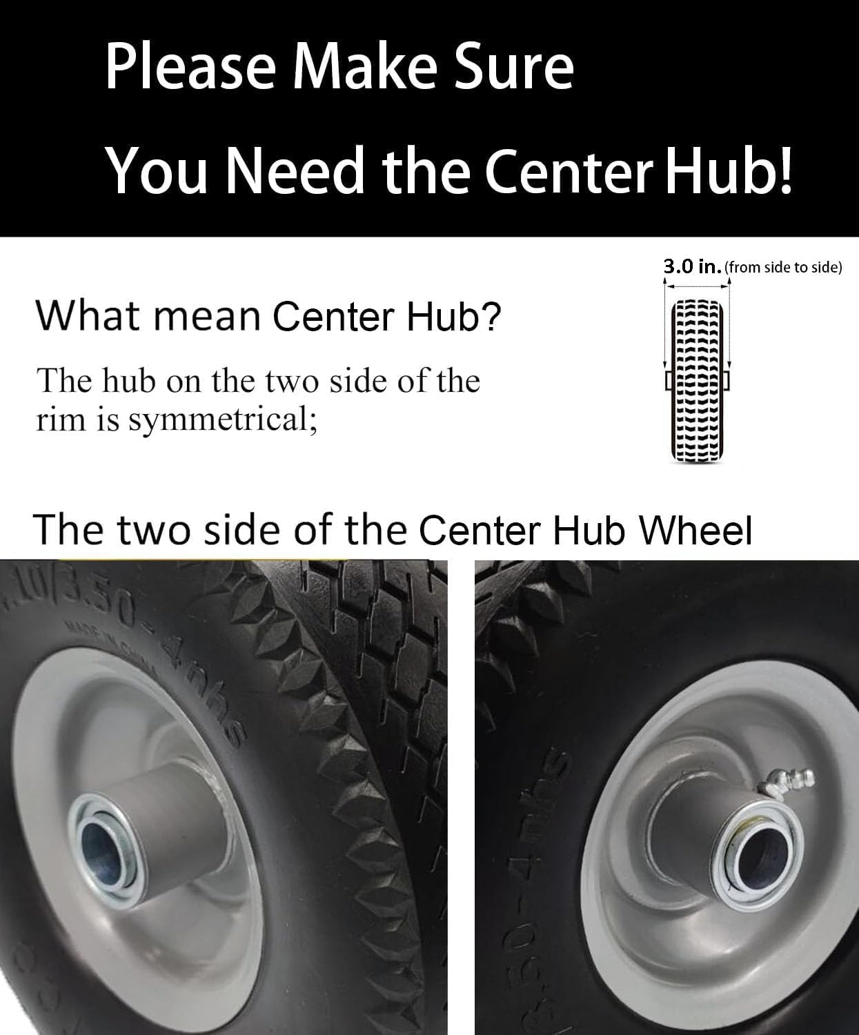 Flat Free 4.10/3.50-4 Tire with 1/2 Axle Bore, 3-4” Center Hub 10 inch Solid Tire Replacement for Hand Truck/Wagon/Garden Cart/Wheelbarrow/Dolly(Set of 2)