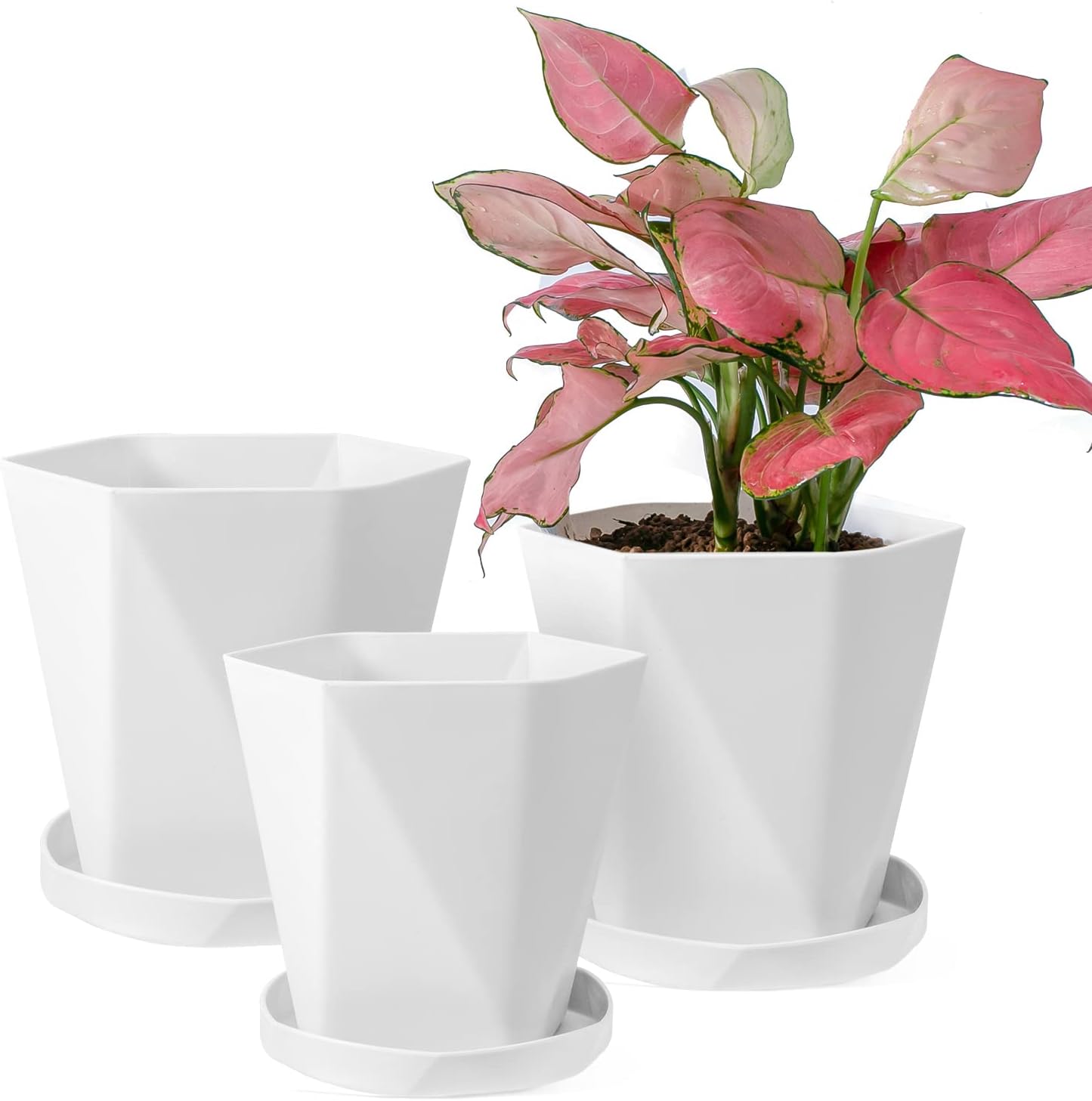 Sun-E Planters for Indoor Plants Flower Pots 7.6/6.5/5.1Inch Set of 3 Plant Pots for Outdoor with Drainage Holes and Saucers Modern Decorative Gift Idea (Pearl White)