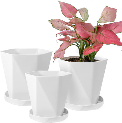 Sun-E Planters for Indoor Plants Flower Pots 7.6/6.5/5.1Inch Set of 3 Plant Pots for Outdoor with Drainage Holes and Saucers Modern Decorative Gift Idea (Pearl White)