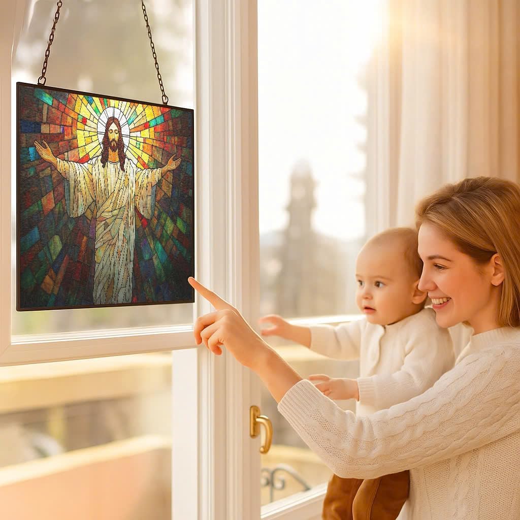 Customized Rectangle Boho Jesus Open Arms Stained Glass Suncatcher Stained Glass Window Hangings Birthday Gift for Mom Grandma Teacher Women Friend Memorial Hook