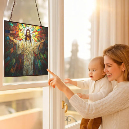 Customized Rectangle Boho Jesus Open Arms Stained Glass Suncatcher Stained Glass Window Hangings Birthday Gift for Mom Grandma Teacher Women Friend Memorial Hook
