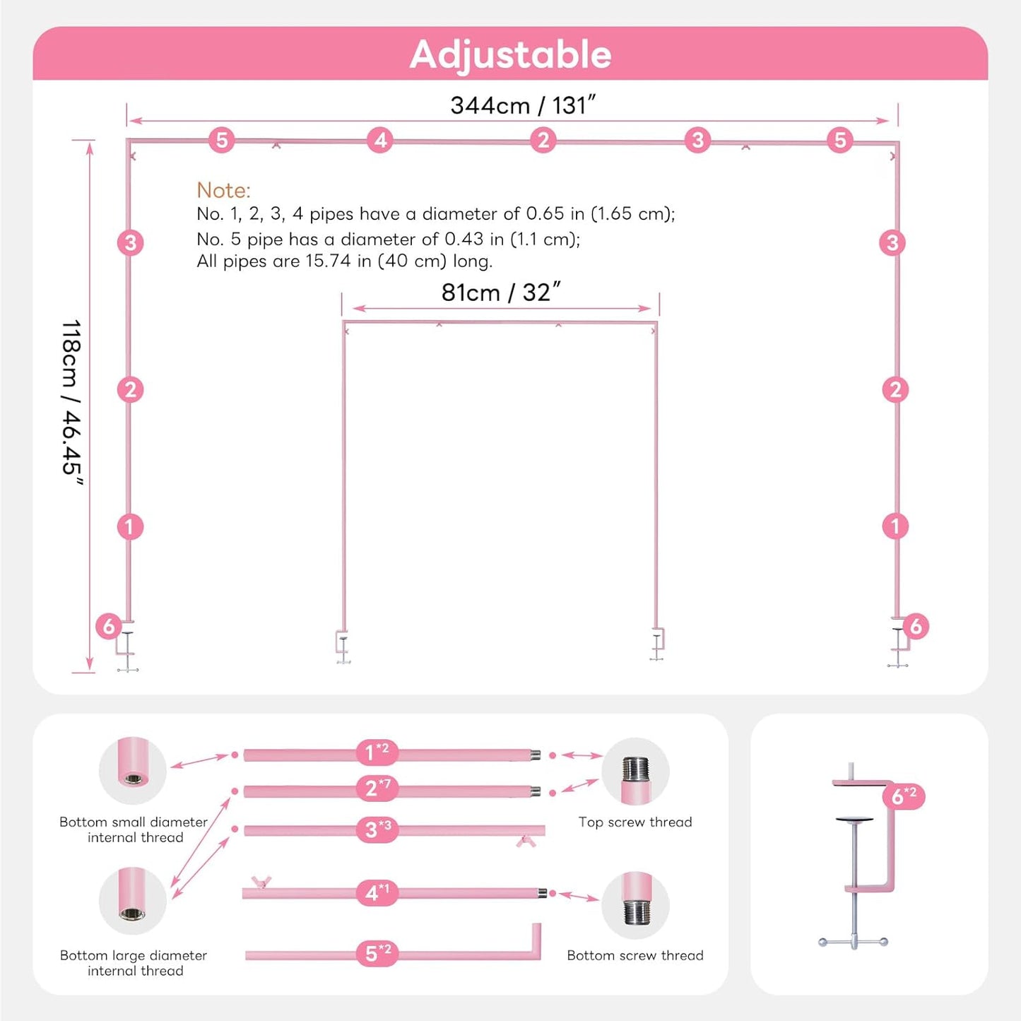 Over The Table Rod Stand with Clamps, Adjustable 32''-79'' Tall 32"-131" Length, Pink Table Arch Stand Metal Balloon Frame Hanging Rod for Weddings Birthdays Party Garden Arbors Decoration