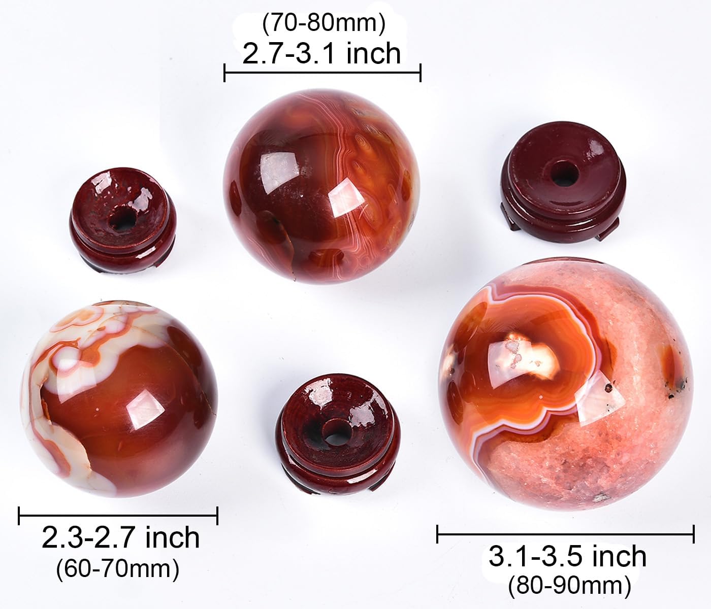 JIC Gem Natural Red Agate Crystal Ball Round Healing Crystals Decorative Sphere with Wooden Stand Meditation Home Decor 2.3-2.7 inch (60-70mm)
