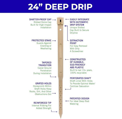 Underhill Deep Drip Irrigation Stakes 24-1/2-Inch, Case of 25 Watering Spikes for Trees with Medium Depth Roots, Drip System Tubes, A-DD24-25