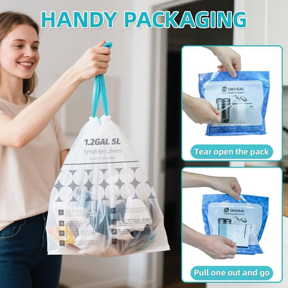 OKKEAI 1.2 Gallon Mini Drawstring Trash Bags, Small Bathroom Garbage Bags 5L – Leak-Proof Tear-Resistant Wastebasket Liners for Bathroom, Office 70 Count