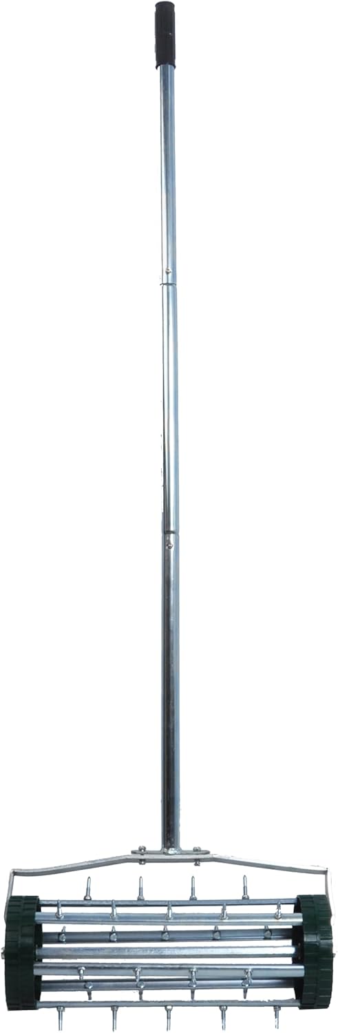 Heavy Duty Rolling Lawn Aerator, Rotary Push Tine Spike Aerator with 1.4-Inch Spikes, 57-Inch Steel Handle, Garden Yard Grass Maintenance Manual Aerator Tool for Improved Soil Aeration Silver