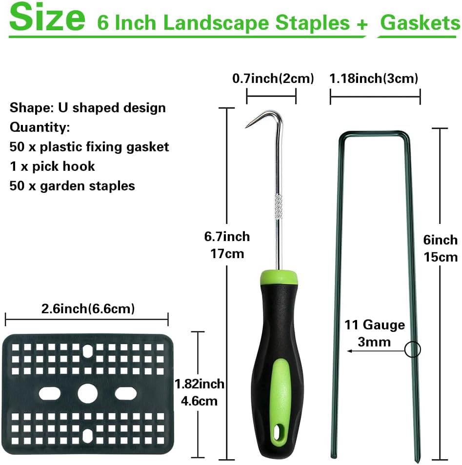 Bakulyor 50 Pcs Green Artificial Turf Stakes Anchor + 50 Pcs Buffer Washer, 6 Inch 11 Gauge Landscape Staples, Galvanized Lawn Spikes, Heavy Duty Yard Ground Pin for Grass Weed Barrier Sod Fabric