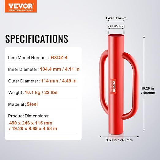 VEVOR Fence Post Driver with Handles, 4.11 in Inner Diameter T Post Pole Pounder, 22LB Heavy Duty Carbon Steel Hand Post Rammer, Farm Fencing Hole Digger for U Channel, Sign Pole, Wooden Post, Red