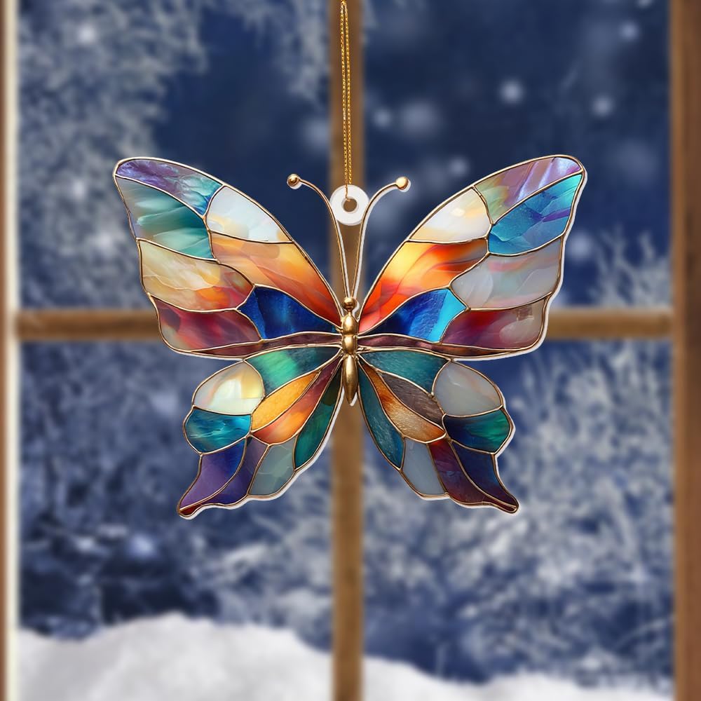 Stained Glass Butterfly Ornament Acrylic – Colorful Suncatcher Window Hanging, Glass Butterfly Decoration for Christmas Tree 2025, Spring Garden Décor, Gifts for Women & Nature Lovers(Sun-04)