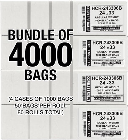 Aluf Plastics High Density Trash Bags, 16 Gallon, 4000 Count, 6 Micron (eq), 24" x 33", Black, for Bathroom, Office, Industrial, Commercial, Janitorial, Municipal, Recycling