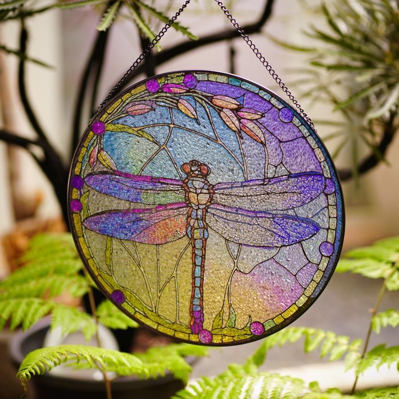 Butterfly Stained Glass Suncatcher,Stained Glass Decor with Metal Chain,Butterfly Suncatcher for Window Hanging (Dragonfly_C)