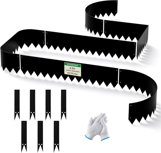 19.7Ft.Galvanized Steel Landscape Edging(6-Pack)-8"x39.4" Metal Garden Edging,7 Clips&Gloves,Hammer-in,No Dig,Rustproof,for Landscaping,Tree Rings,Garden,Yard&Pathway–Black