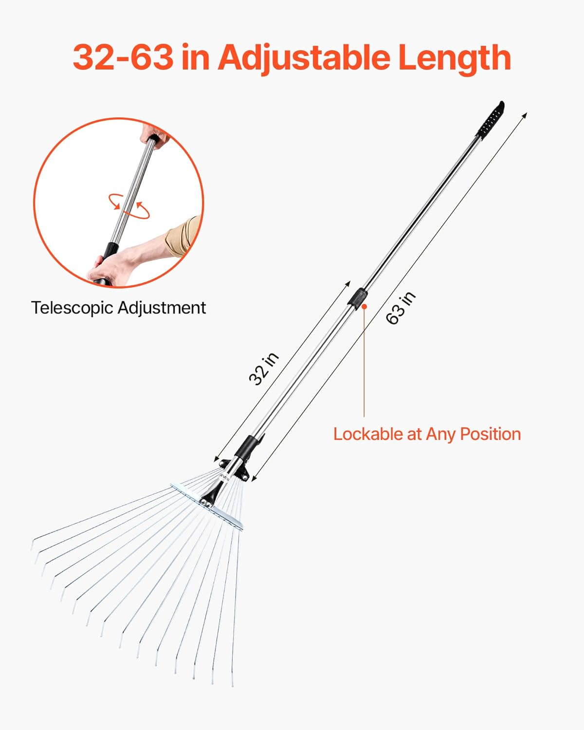 VEVOR Leaf Rake, 15 Metal Tines, Adjustable Garden Rake for Lawns with 7.5-22.4 Inch Wide Head & 32-63 Inch Long Handle, Heavy Duty Stainless Steel Small Leaves Tool for Gardening Camping Yard Grass