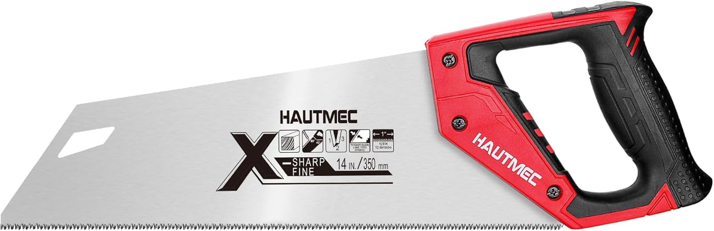 HAUTMEC 14" X-Sharp Compact Hand Saw for Cuts Comfort, Quality and Accuracy, Fine-Cut Handsaw with 12 TPI Triple-Ground Teeth and 1mm Thickened Large Blade, Bi-Material Ergonomic Handle – HT0295