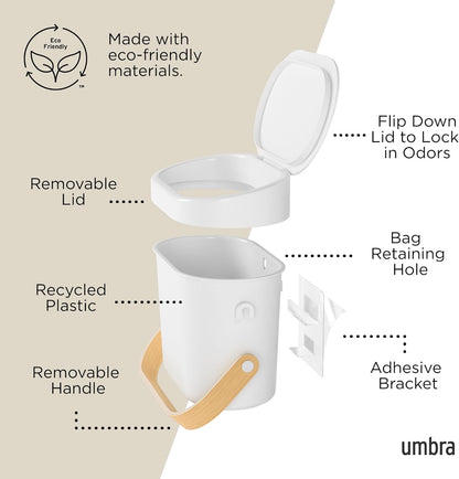Umbra Bellwood Kitchen Compost Bin – White/Natural, Countertop or Cabinet Mounted, 6L Compost Container with Hidden Bag Retainer, BPA-Free & Dishwasher Safe| Bellwood Collection