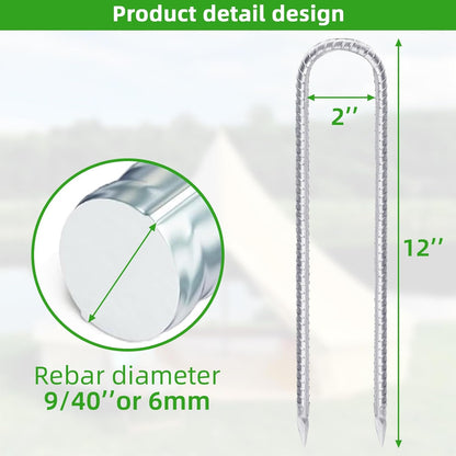 Trampoline Stakes Anchors High Wind 12inx6mm Galvanized U Hook 8pcs Rebar Stakes – Heavy Duty Ground Anchors for Trampoline,Yard & Inflatable,Landscape Metal Stakes for Outdoor Decorations