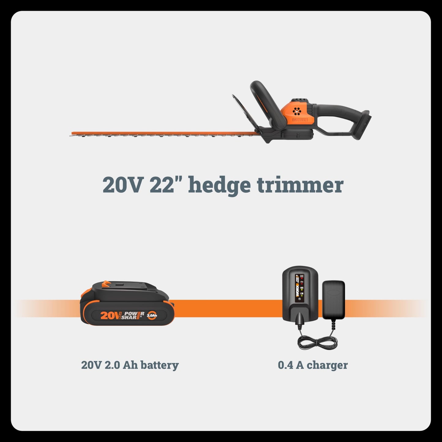 WORX 22" Cordless Hedge Trimmer, Electric Hedge Trimmer with Dual-Action Blades, Lightweight Bush