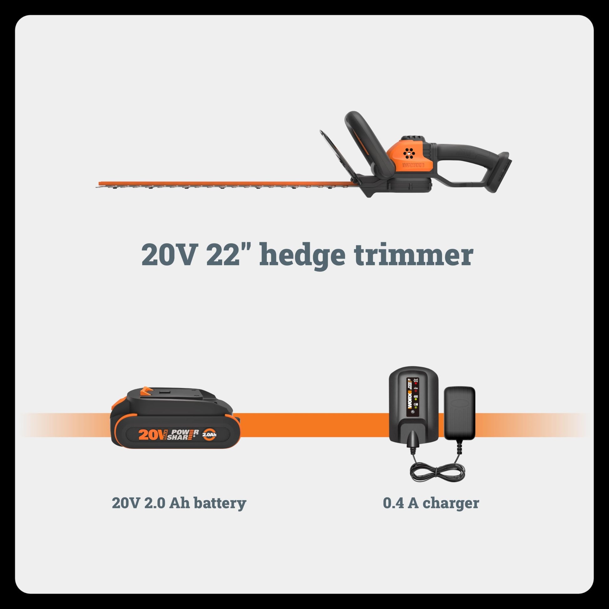 WORX 22" Cordless Hedge Trimmer, Electric Hedge Trimmer with Dual-Action Blades, Lightweight Bush