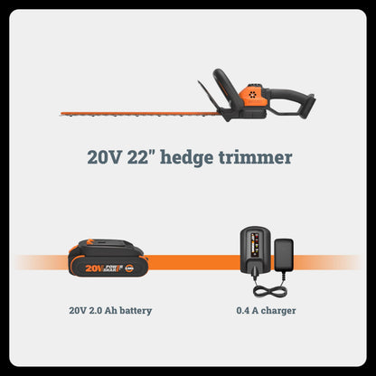 WORX 22" Cordless Hedge Trimmer, Electric Hedge Trimmer with Dual-Action Blades, Lightweight Bush