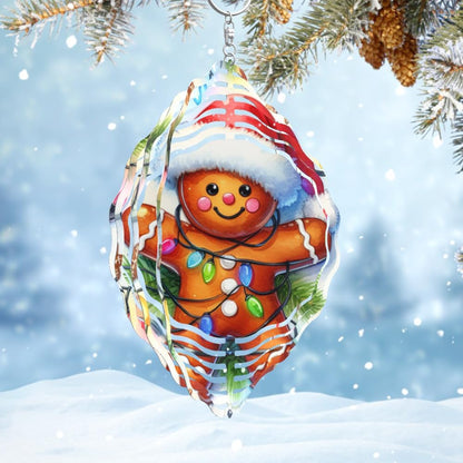 3D Gingerbread Wind Spinner 10 Inch Kinetic Wind Spinners Hanging Stainless Steel Holiday Ornament for Festive Home and Garden Christmas Decor