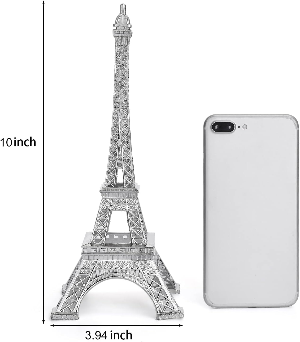 ESHATO Silver Metal Eiffel Tower Statue, 10inch Decorative Figurine Replica Stand Holder for Cake Topper Table Decor Gift Party Home Decoration