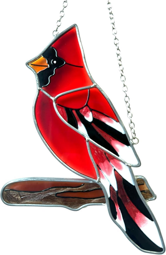 Red Cardinal Decor Stained Glass Bird Window Hanging Suncatcher for Window Decorations Ornament