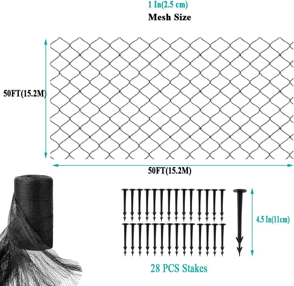 Koi Pond Netting for Leaves 25x50 Ft, 1 in Strong Woven Fine Mesh Pond Leaf Net Cover, Protecting Koi Fish from Herons, Raccoons, Birds, Cats & Predators, 28 Pcs Stakes Included