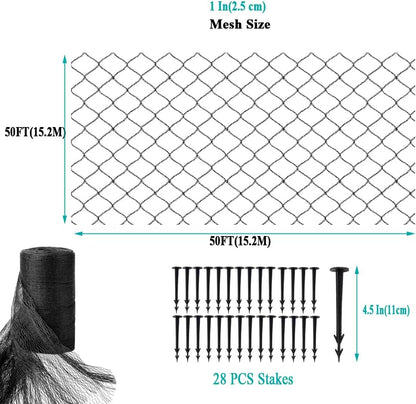 Koi Pond Netting for Leaves 25x50 Ft, 1 in Strong Woven Fine Mesh Pond Leaf Net Cover, Protecting Koi Fish from Herons, Raccoons, Birds, Cats & Predators, 28 Pcs Stakes Included