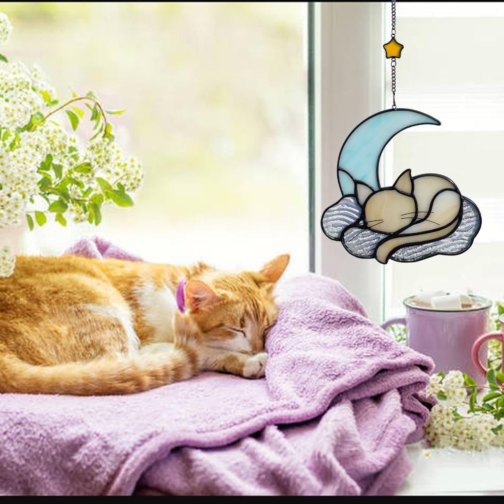 Orange Cat Decor On Blue Moon, Stained Glass Window Hanging, Suncatcher for Windows Panels, Memorial Gift Cat for Lover Loss