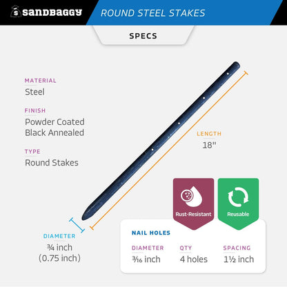 Sandbaggy Round Steel Concrete Form Stakes with Nail Holes - Rust Resistant Coating - Removable, Reusable (5, 3/4 in X 18 in)