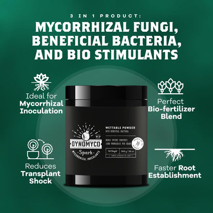 DYNOMYCO Spark WP Mycorrhizal Fungi, 11oz Wettable Powder – 3-In-1 Root Enhancer Amplifies Nutrient Uptake & Yield – Treats 70Plants, Indoor/Outdoor Bio-Stimulant – Dissolves Fast in Seed Starter Soil