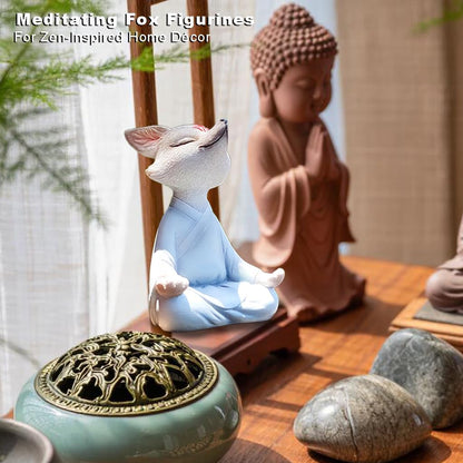 Meditating Buddha Fox Statue Resin Zen Animal Sculpture Yoga Figurine Indoor Outdoor Fengshui Decor for Patio Garden Yard Lawn Tabletop Planter Ponds Pot Bookshelf Ornaments Gifts White