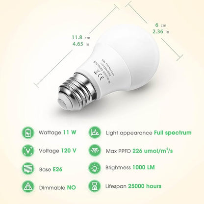 LED Grow Light Bulb A19 - Full Spectrum E26 Base, 11W (100W Equivalent) for Indoor Plants, Flowers, Greenhouse - 2 Pack