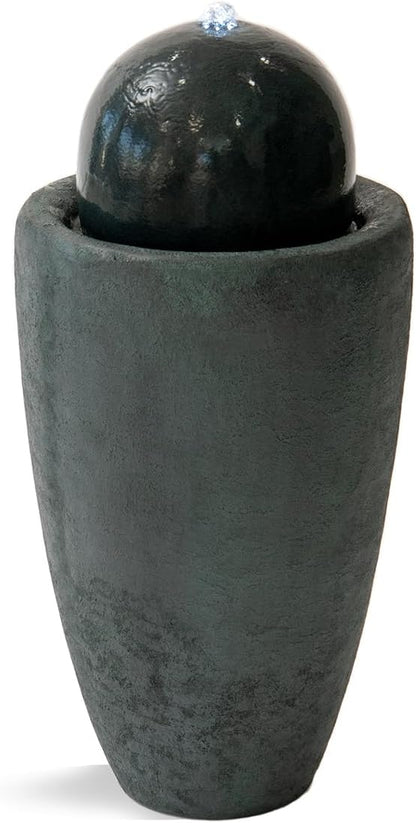 XBrand 25.98" H Round Stone Indoor/Outdoor Modern Stone Textured Sphere Water Fountain w/LED Lights, Ball Fountain Decor, Dark Green