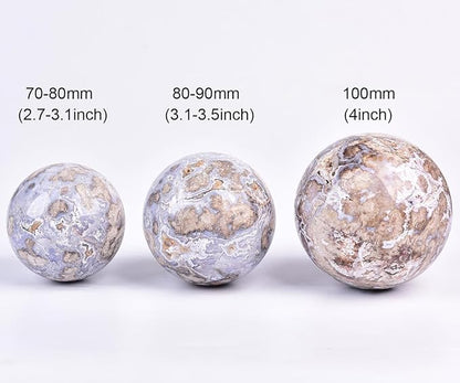 JIC Gem Large Blue Cherry Blossom Agate Crystal Ball with Stand Crystal Sphere Natural Sakura Flower Agate Stone Reiki Healing Meditation Witchcraft Home Decor 4 inch(100mm)